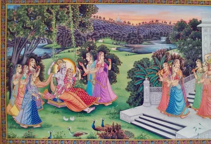 Religious tribal painting titled 'Radha Krishna in Jhula', 36x60 inches, by artist Rajendra Khanna on Cloth