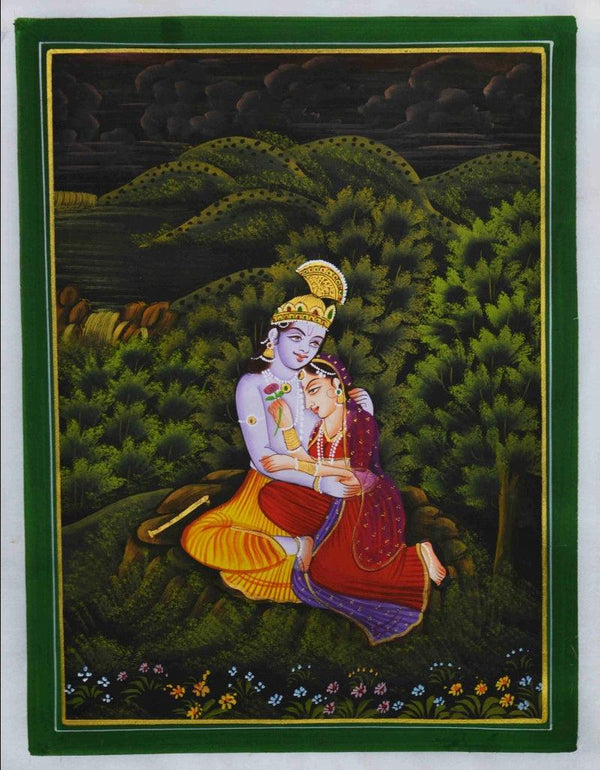 Religious miniature traditional art titled 'Radha Krishna In Lawn', 15x11 inches, by artist Unknown on Silk