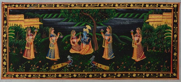 Religious miniature traditional art titled 'Radha Krishna In Lawn With Gopis And Pea', 6x13 inches, by artist Unknown on Silk