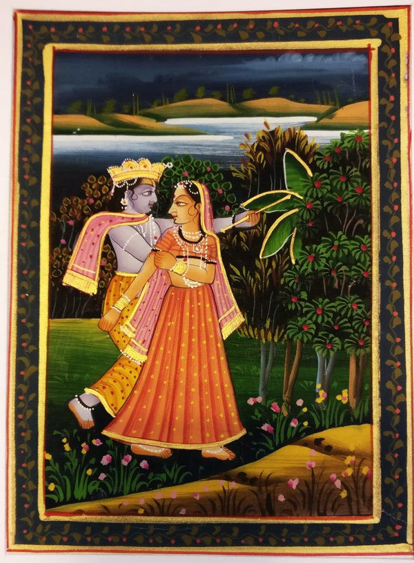 Folk Art watercolor painting titled 'Radha krishna in Vrindavan Miniature', 5x7 inches, by artist Unknown on silk