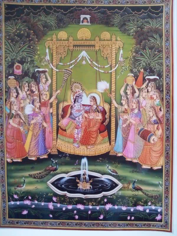 Religious tribal painting titled 'Radha Krishna Jhula II', 72x48 inches, by artist Rajendra Khanna on Cloth