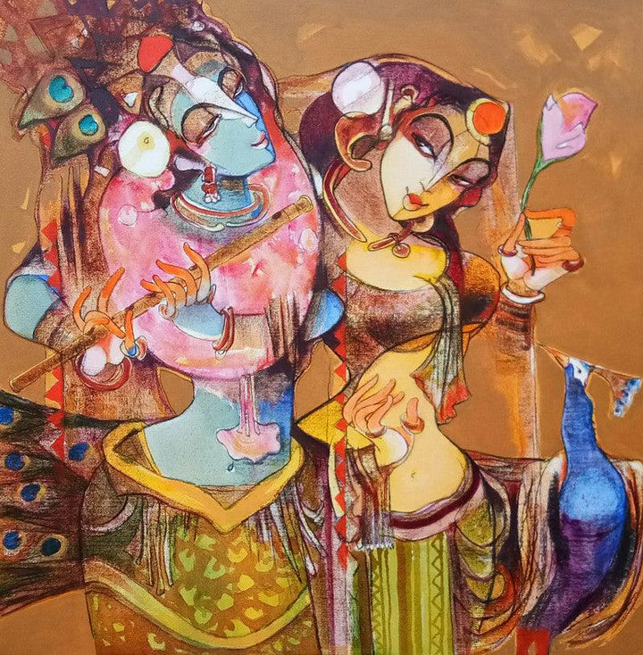 Religious acrylic painting titled 'Radha Krishna Love Forever', 36x36 inches, by artist Prabhakar Ahobilam on Canvas