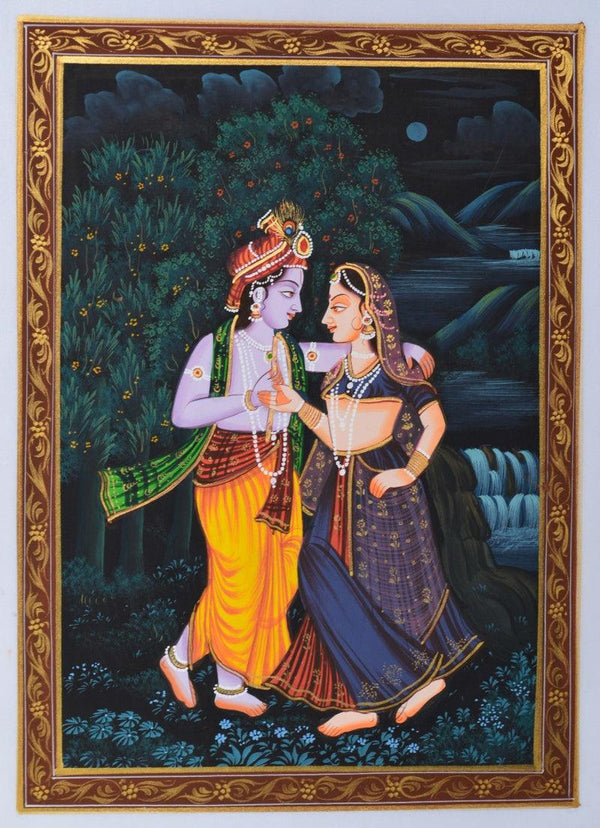 Religious miniature traditional art titled 'Radha Krishna Moments', 11x8 inches, by artist Unknown on Silk