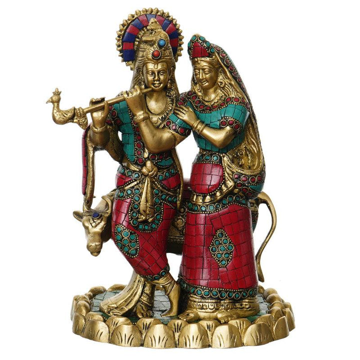 Religious handicraft titled 'Radha Krishna Pair With Cow', 11x7x5 inches, by artist Brass Handicrafts on Brass