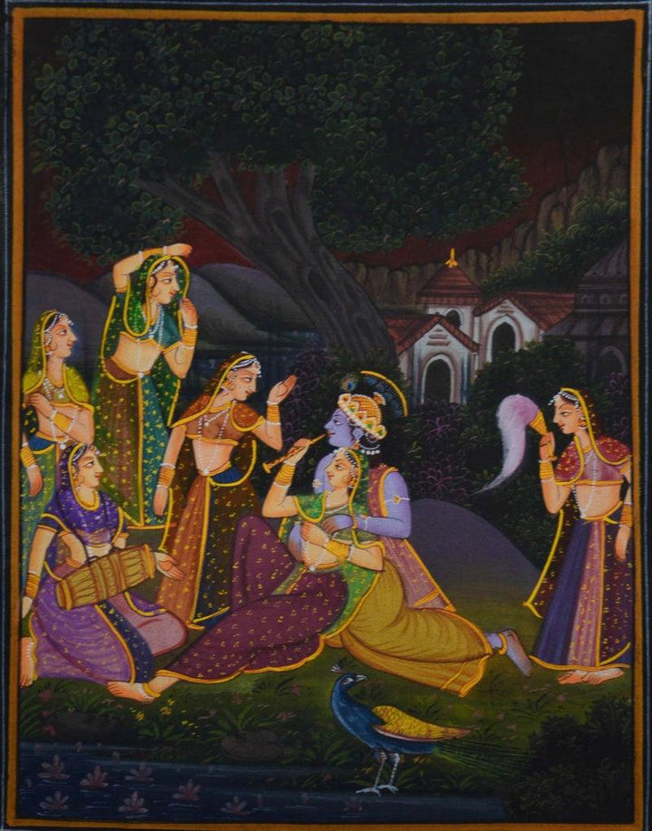 Realistic miniature traditional art titled 'Radha Krishna Playing Bansuri', 12x9 inches, by artist Unknown on Silk