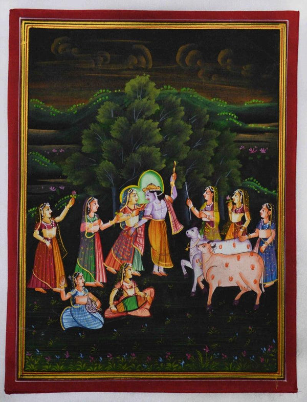 Religious miniature traditional art titled 'Radha Krishna Raas Leela', 12x9 inches, by artist Unknown on Silk