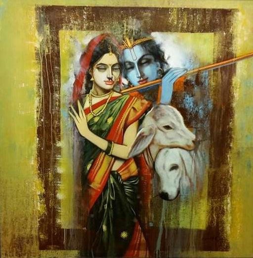 Religious acrylic painting titled 'Radha Krishna Series', 54x54 inches, by artist Vijay Gille on Canvas