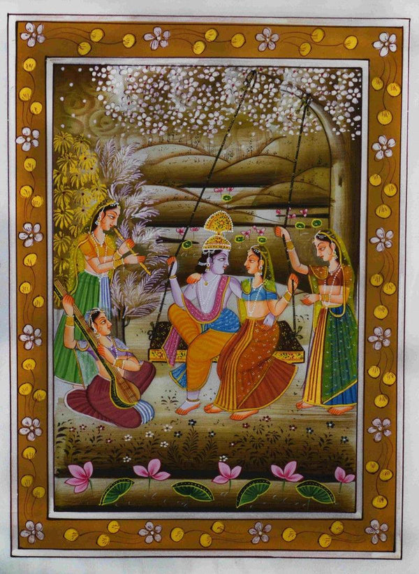 Religious miniature traditional art titled 'Krishna Radha Swinging', 15x11 inches, by artist Unknown on Silk