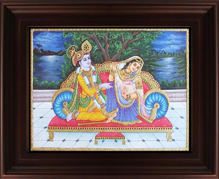 Religious tanjore traditional art titled 'Radha Krishna Tanjore Painting 4', 24x18 inches, by artist Myangadi Tanjore on Plywood