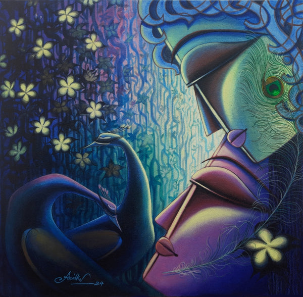 Religious mixed-media painting titled 'Radha Krishna Volume 3', 48x48 inch, by artist Anil Kumar Vishwakarma on Canvas