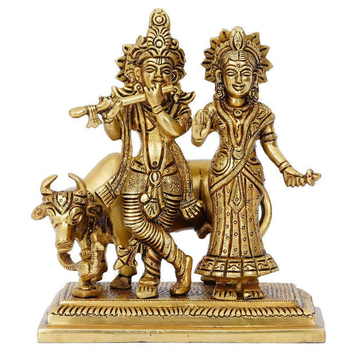 Religious handicraft titled 'Radha Krishna With Cow', 7x6x3 inches, by artist Brass Handicrafts on Brass