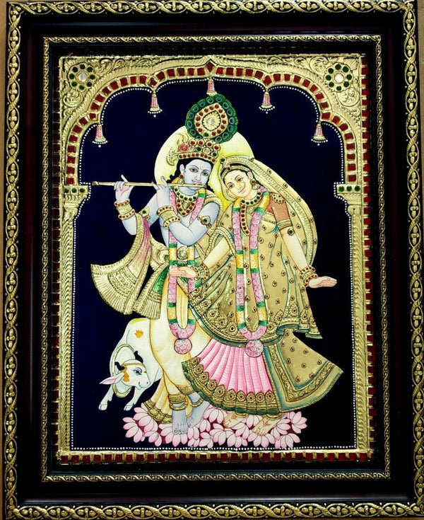 Religious tanjore traditional art titled 'Radha Krishna With Cow Tanjore Painting', 15x12 inches, by artist VANI VIJAY on Plywood