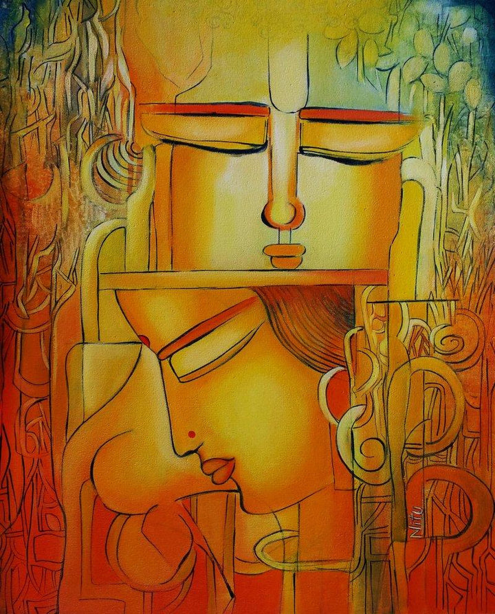 Abstract acrylic painting titled 'Radha remembering Krishna I', 24x20 inches, by artist NITU CHHAJER on Canvas