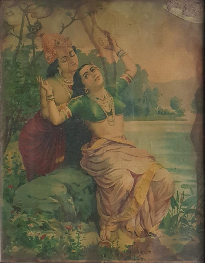 Religious oleograph painting titled 'Radha Vilas', 19x15 inches, by artist Raja Ravi Varma on Paper