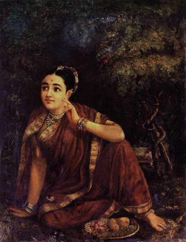 Figurative oil painting titled 'Radha Waiting For Krishna In Kunjavan', 36x28 inches, by artist Raja Ravi Varma Reproduction on Canvas