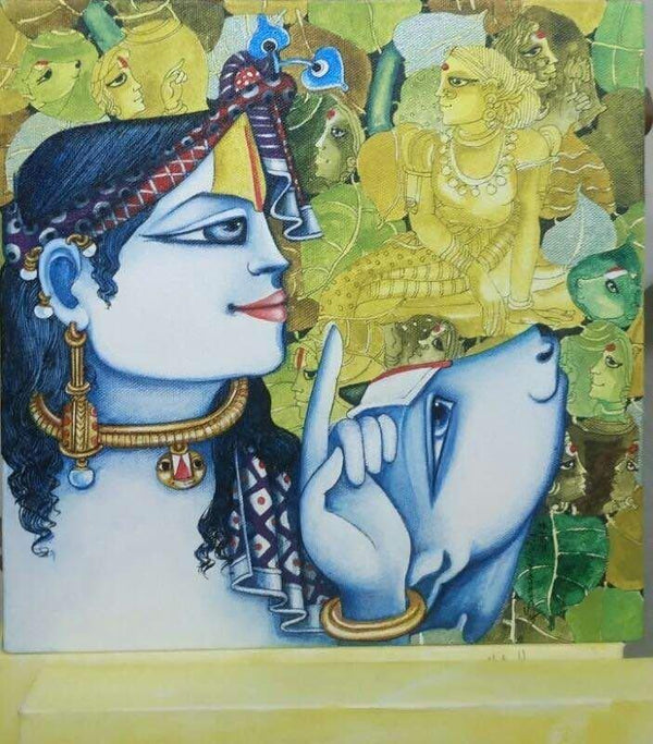 Religious acrylic painting titled 'Radha with Cow', 12x12 inches, by artist Saraswathi Lingampally on Canvas