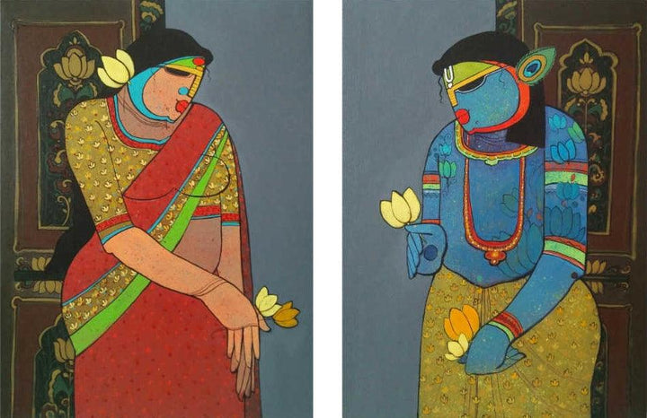 Religious acrylic painting titled 'Radhakrishna (Diptych)', 24x36 inches, by artist Priyanka Chivte on Canvas