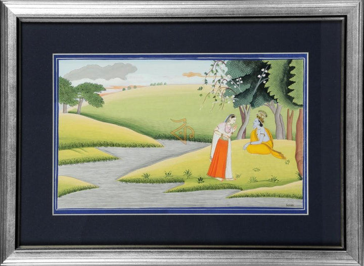 Folk Art mughal traditional art titled 'Radhakrishna Kangra Art 2', 10x14 inches, by artist Kalavithi Art Ventures on Handmade Paper