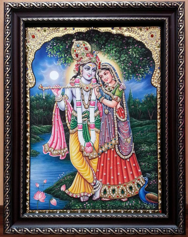 Religious tanjore traditional art titled 'RADHAKRISHNA TANJORE PAINTING', 17x14 inches, by artist KUM KUM GALLERY on Plywood