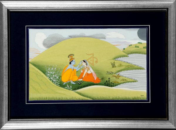 Folk Art mughal traditional art titled 'Radhashringar Kangra Art', 10x14 inches, by artist Kalavithi Art Ventures on Handmade Paper