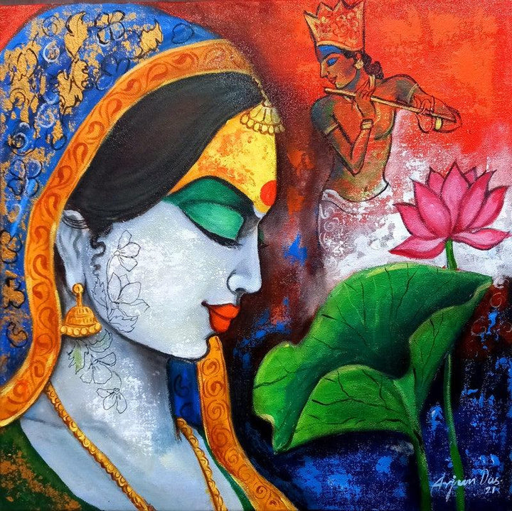 Religious acrylic painting titled 'Radhe', 18x18 inches, by artist Arjun Das on Canvas