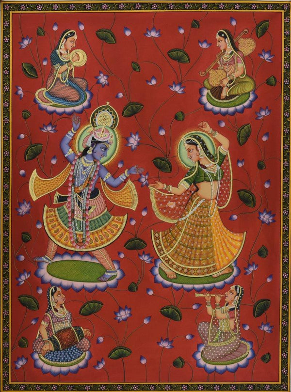 Folk Art tribal painting titled 'Radhe Krishna Pichwai Art', 34x46 inches, by artist Artisan on Cloth