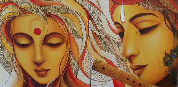 Figurative acrylic painting titled 'Radhe Mohan', 30x60 inches, by artist Rakhi Baid on Canvas