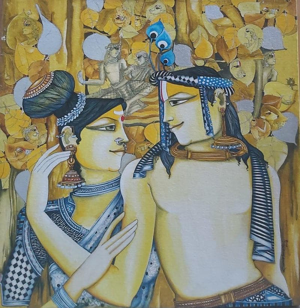 Religious mixed media painting titled 'Radhe Shyamalan', 24x24 inches, by artist Saraswathi Lingampally on Canvas