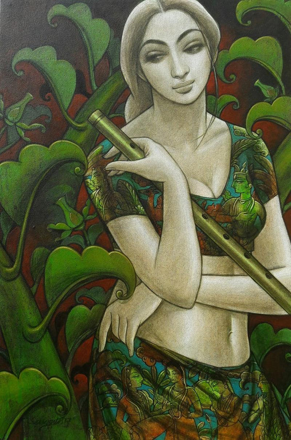 Figurative mixed media painting titled 'Radhika 1', 36x24 inches, by artist Sukanta Das on Canvas