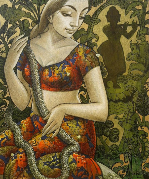 Figurative mixed media painting titled 'Radhika 11', 36x30 inches, by artist Sukanta Das on Canvas
