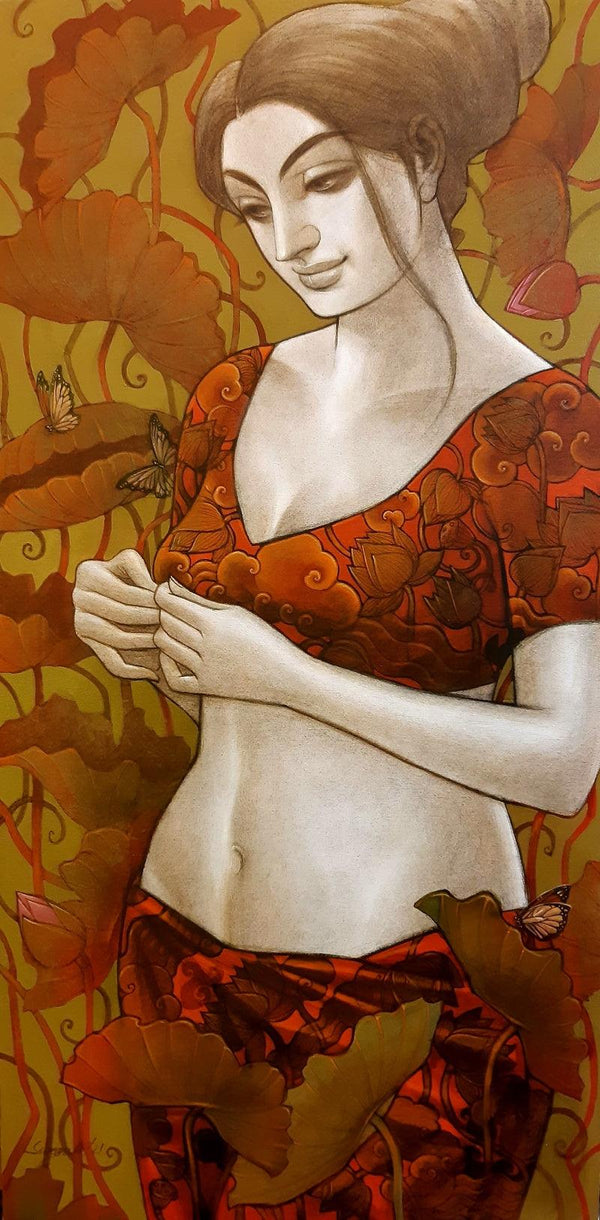 Figurative mixed media painting titled 'Radhika 13', 38x24 inches, by artist Sukanta Das on Canvas