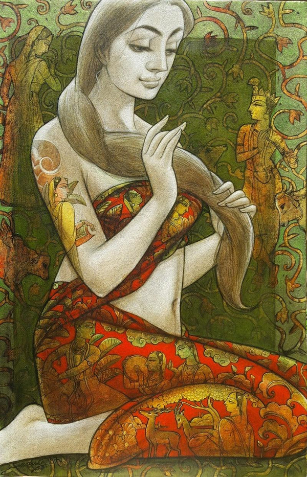 Figurative mixed media painting titled 'Radhika 2', 36x24 inches, by artist Sukanta Das on Canvas
