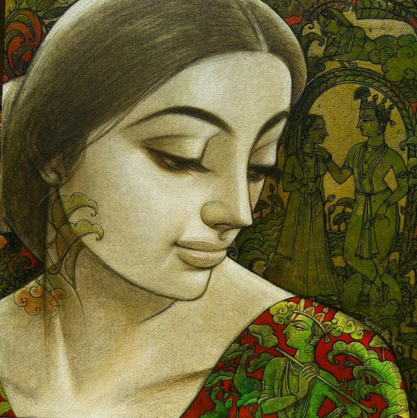 Figurative mixed media painting titled 'Radhika 5', 24x24 inches, by artist Sukanta Das on Canvas