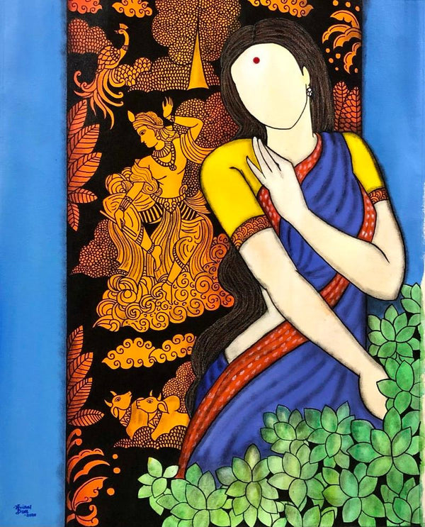 contemporary acrylic painting titled 'RadhikaKrishna series', 34x27 inches, by artist Mrinal Dutt on Canvas