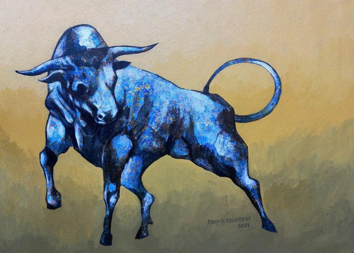 Animals acrylic painting titled 'Raging Bull', 21x31 inches, by artist Ranjith Raghupathy on Canvas