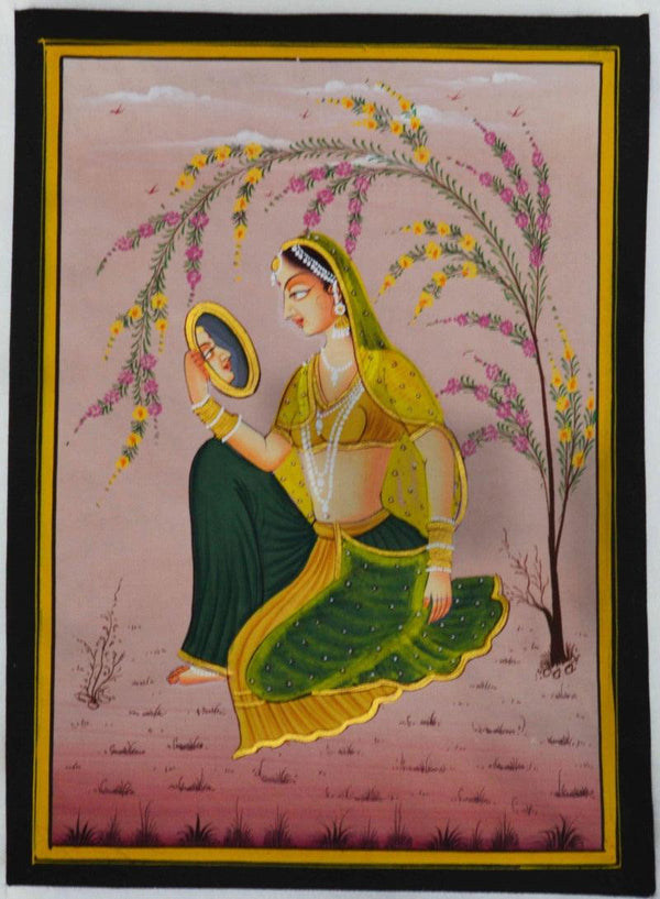 Figurative mughal traditional art titled 'Ragini Admiring Self In Mirror', 12x9 inches, by artist Unknown on Silk