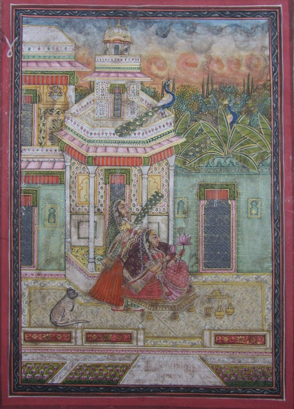 Figurative mughal traditional art titled 'Ragini At Courtyard', 10x7 inches, by artist Unknown on Paper