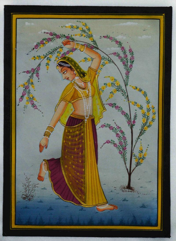 Figurative mughal traditional art titled 'Ragini Dancing', 12x9 inches, by artist Unknown on Silk