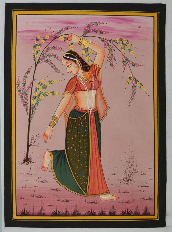 Figurative miniature traditional art titled 'Ragini Holding A Tree Branch', 11x8 inches, by artist Unknown on Silk