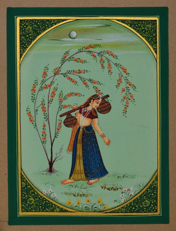 Figurative miniature traditional art titled 'Ragini Musical Instrument', 8x6 inches, by artist Unknown on Paper