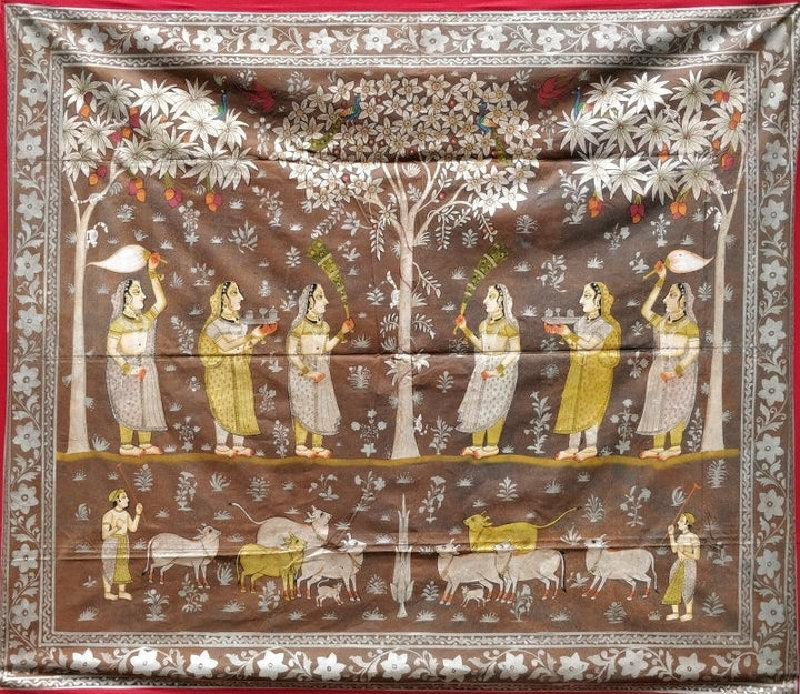 Religious pichwai traditional art titled 'Ragini Pichwai 1', 60x70 inches, by artist Pichwai Art on Cloth