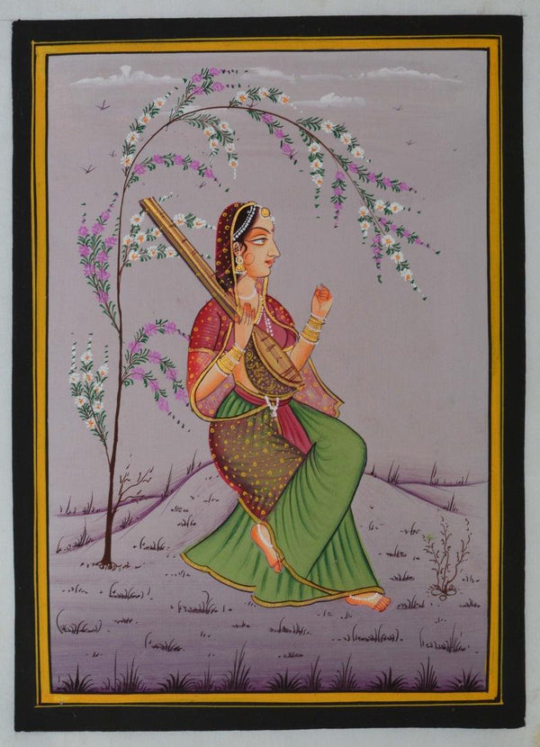 Figurative miniature traditional art titled 'Ragini Playing Ektara', 11x8 inches, by artist Unknown on Silk