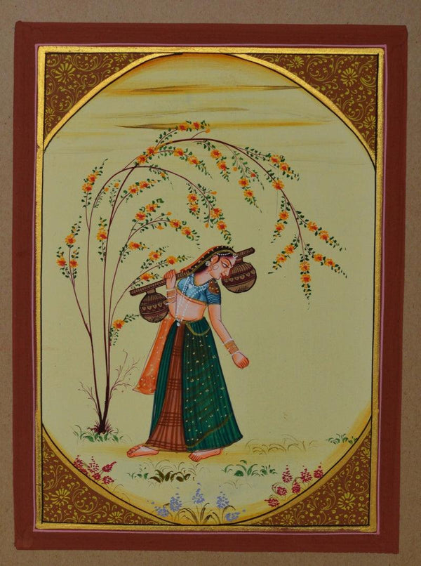 Figurative miniature traditional art titled 'Ragini Playing Musical Instrument', 8x6 inches, by artist Unknown on Paper
