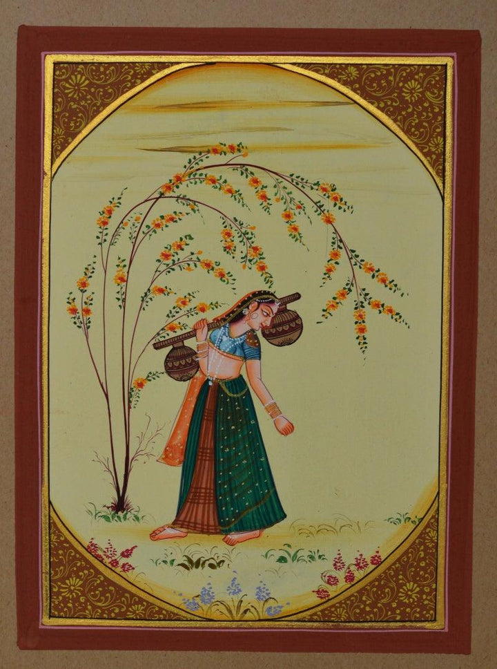 Figurative miniature traditional art titled 'Ragini Playing Musical Instrument', 8x6 inches, by artist Unknown on Paper