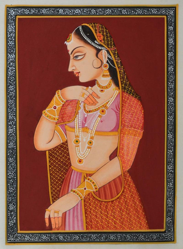 Portrait miniature traditional art titled 'Ragini Shying', 11x8 inches, by artist Unknown on Silk