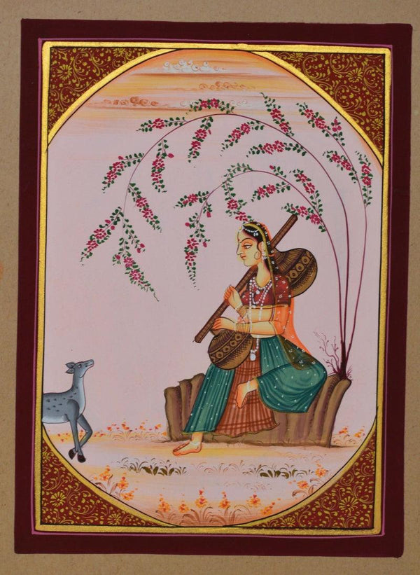 Figurative miniature traditional art titled 'Ragini Sitting And Playing With Deer', 8x6 inches, by artist Unknown on Paper