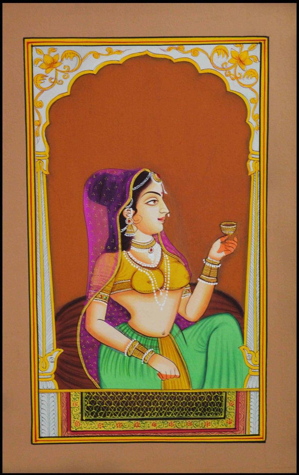 Figurative mughal traditional art titled 'Ragini Sitting Pretty', 10x7 inches, by artist Unknown on Paper