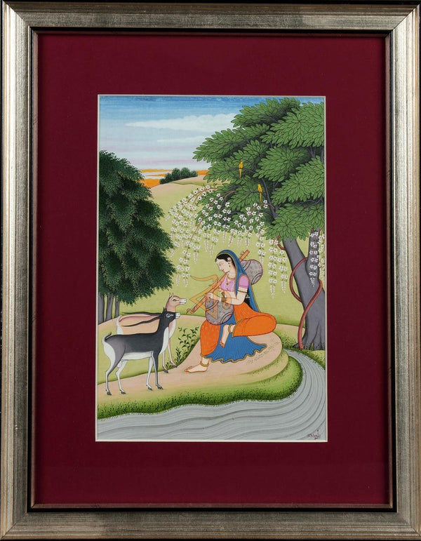 Folk Art mughal traditional art titled 'Ragini Todi 2 Kangra Art', 13x10 inches, by artist Kalavithi Art Ventures on Handmade Paper