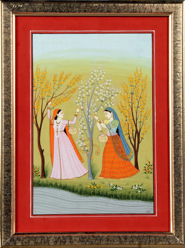 Folk Art mughal traditional art titled 'Ragini vasanti 2 Kangra Art', 13x10 inches, by artist Kalavithi Art Ventures on Handmade Paper