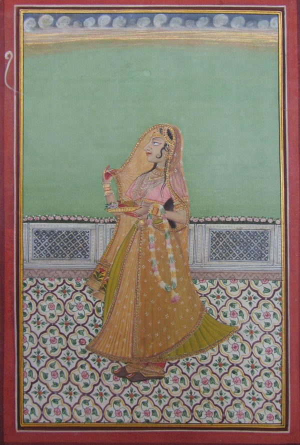 Figurative mughal traditional art titled 'Ragini Waiting', 9x6 inches, by artist Unknown on Paper